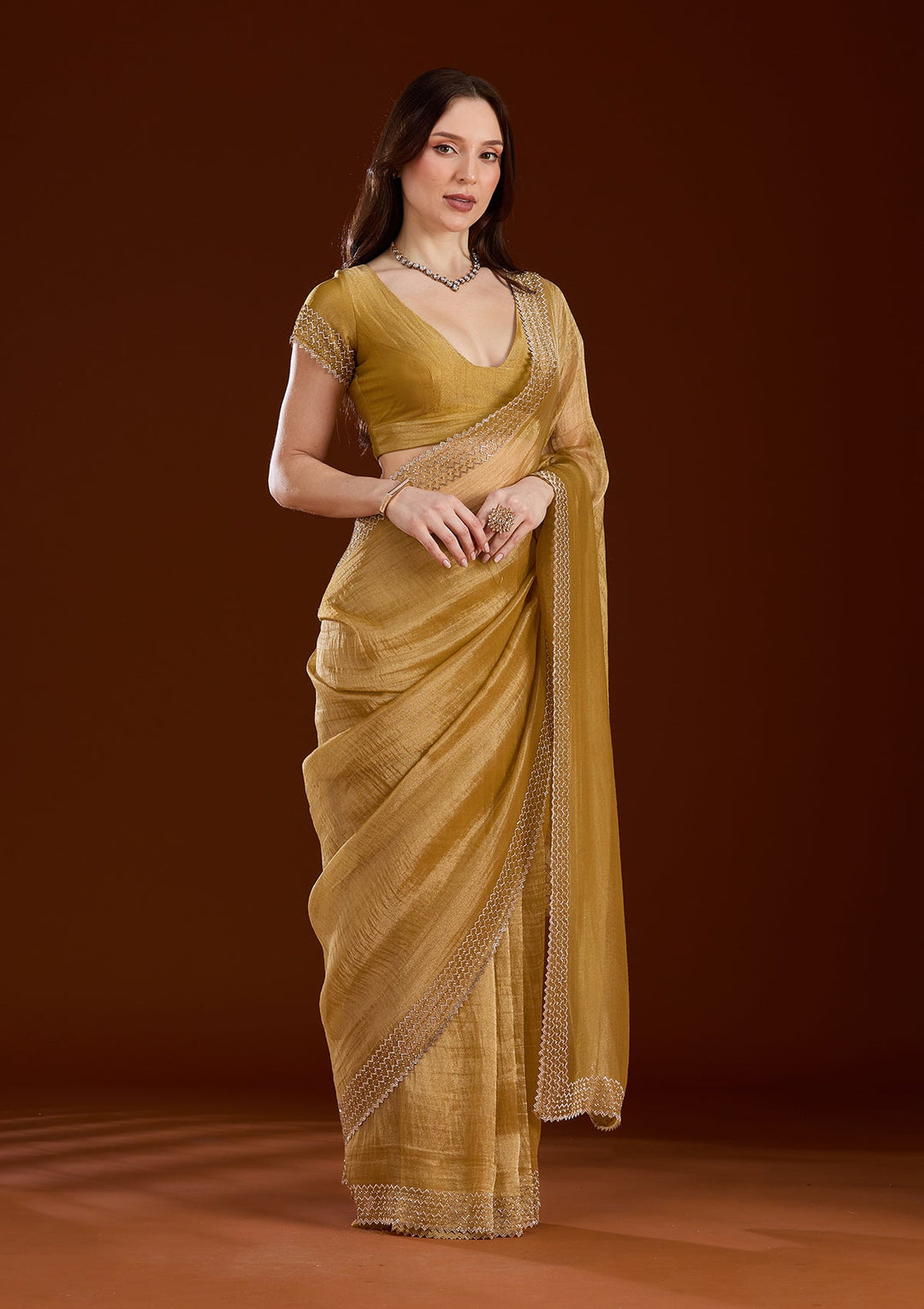Blue Stonework (Gold) Organza Saree