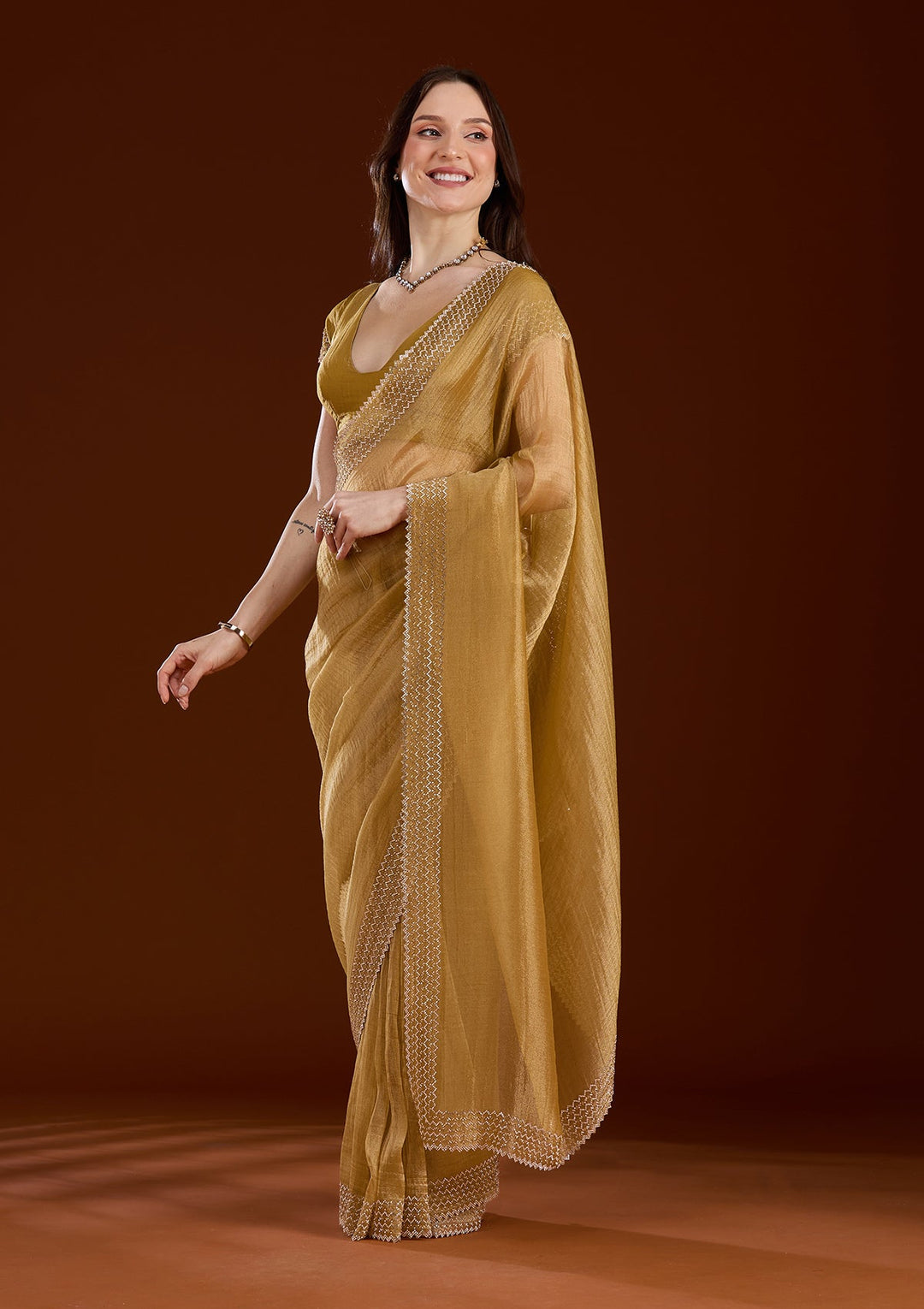 Blue Stonework (Gold) Organza Saree