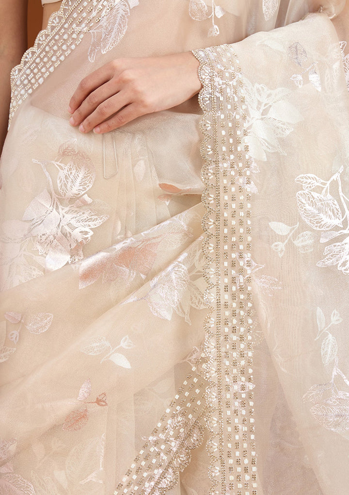 Beige Stonework (Gold) Organza Saree