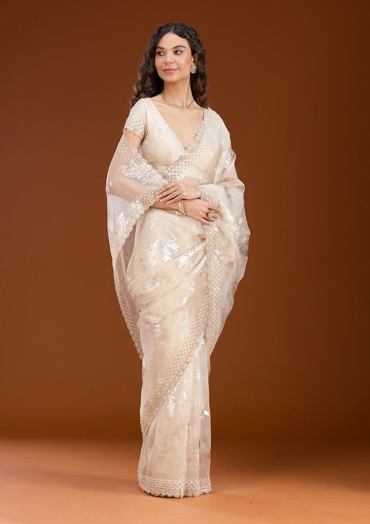Beige Stonework (Gold) Organza Saree