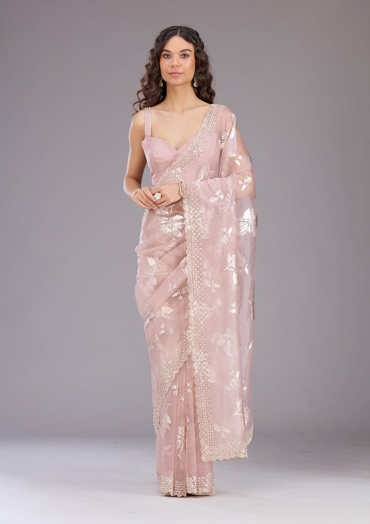 Onion Pink Stonework (Gold) Organza Saree