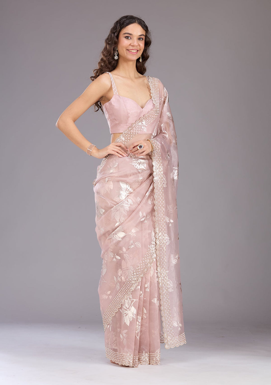Onion Pink Stonework (Gold) Organza Saree