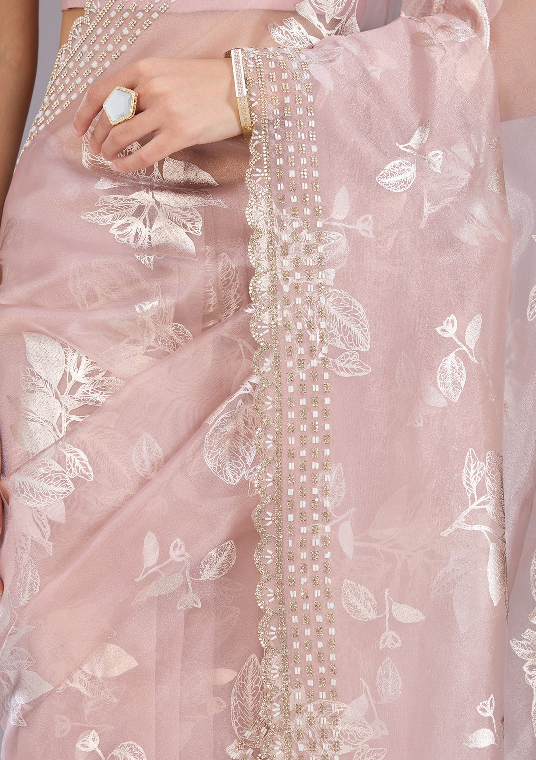 Onion Pink Stonework (Gold) Organza Saree