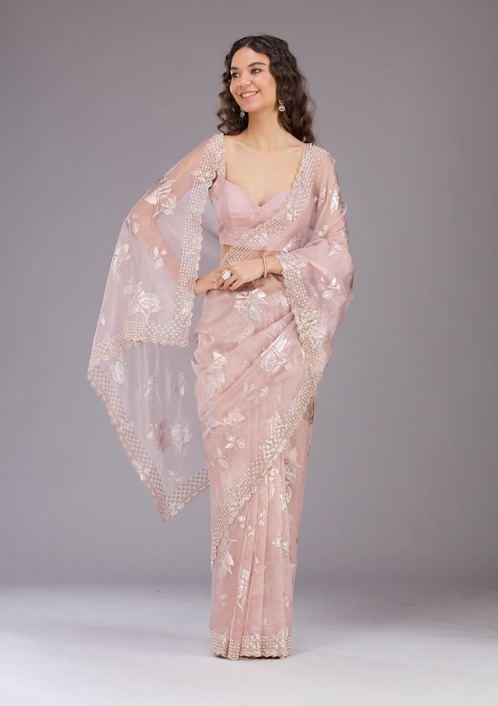 Onion Pink Stonework (Gold) Organza Saree