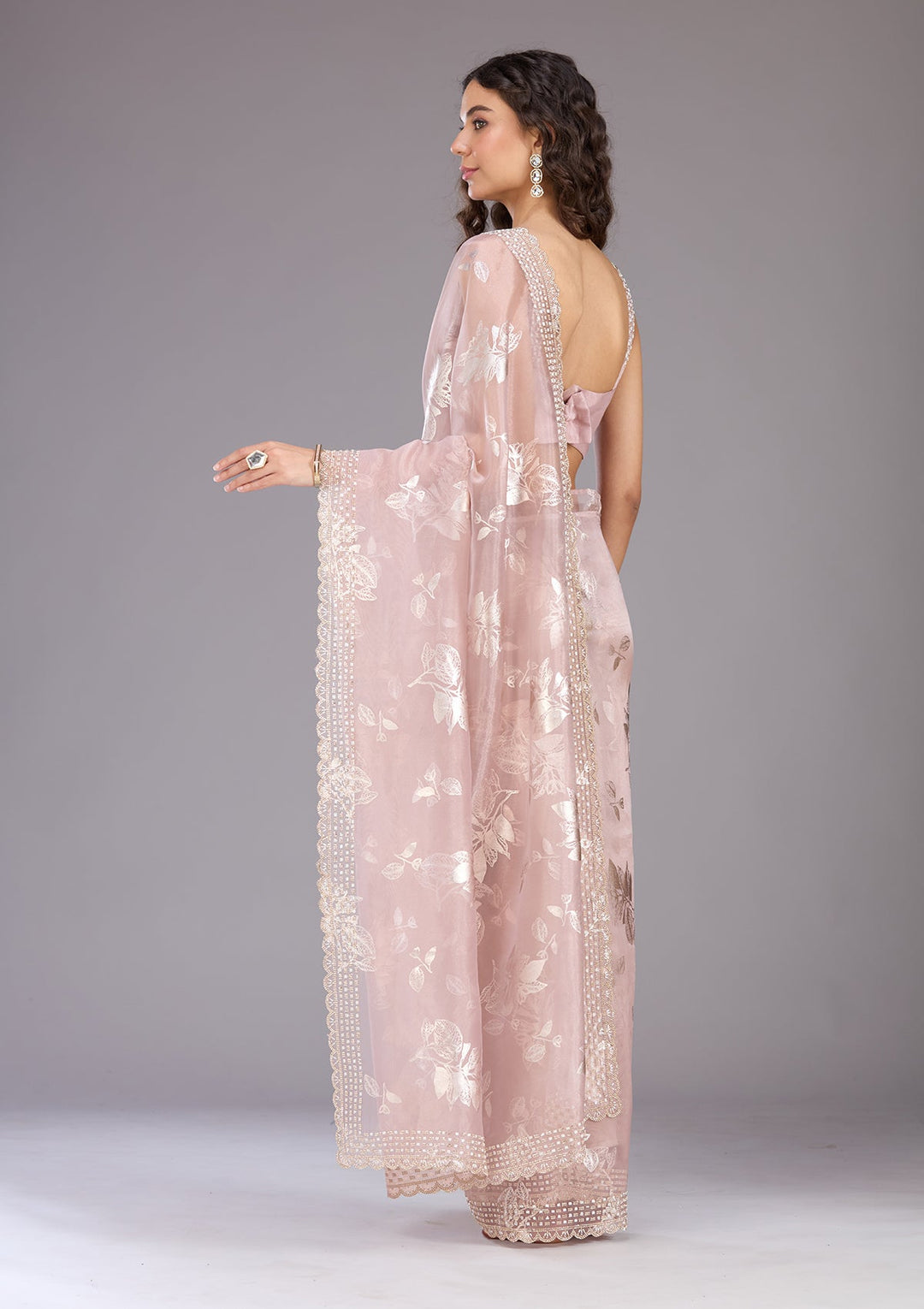 Onion Pink Stonework (Gold) Organza Saree