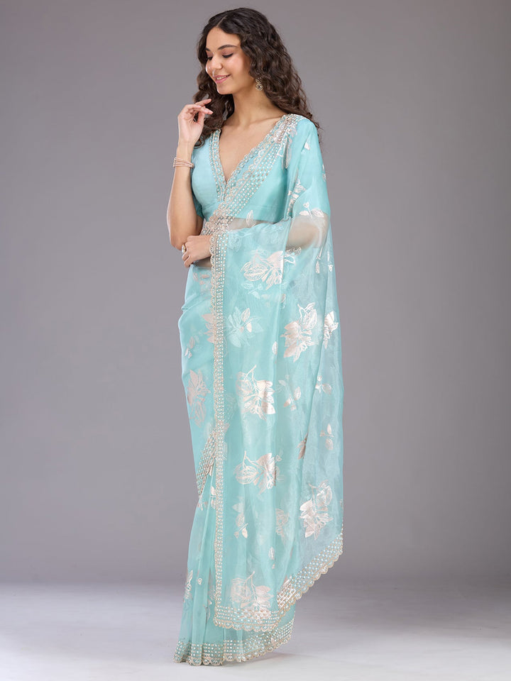 Sea Green Stonework (Gold) Organza Saree