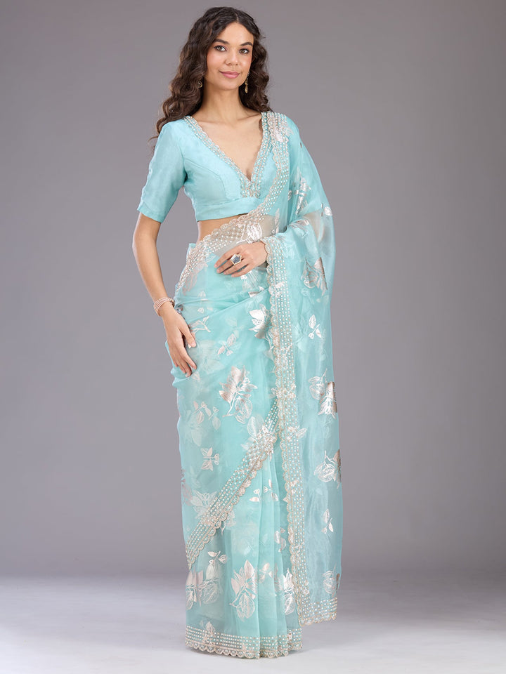 Sea Green Stonework (Gold) Organza Saree