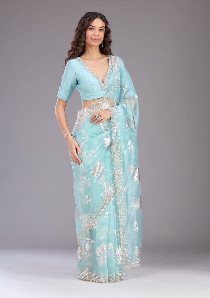 Sea Green Stonework (Gold) Organza Saree