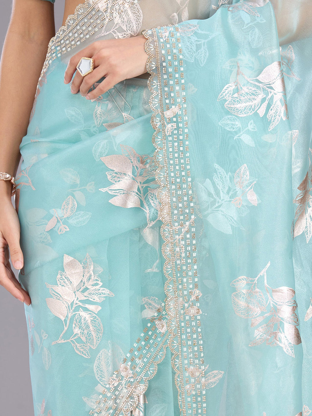 Sea Green Stonework (Gold) Organza Saree