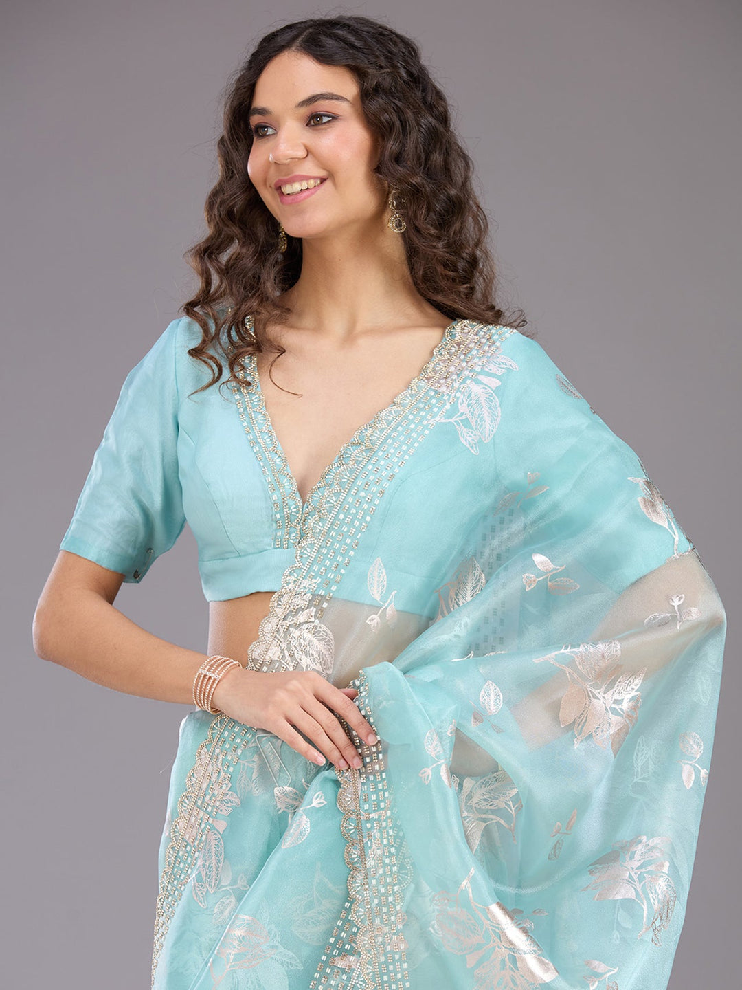 Sea Green Stonework (Gold) Organza Saree