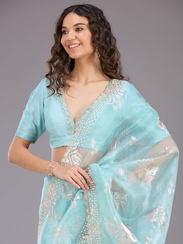 Sea Green Stonework (Gold) Organza Saree