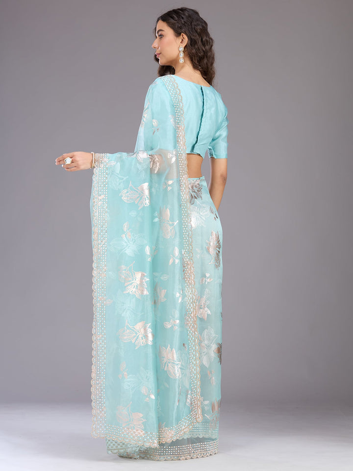 Sea Green Stonework (Gold) Organza Saree