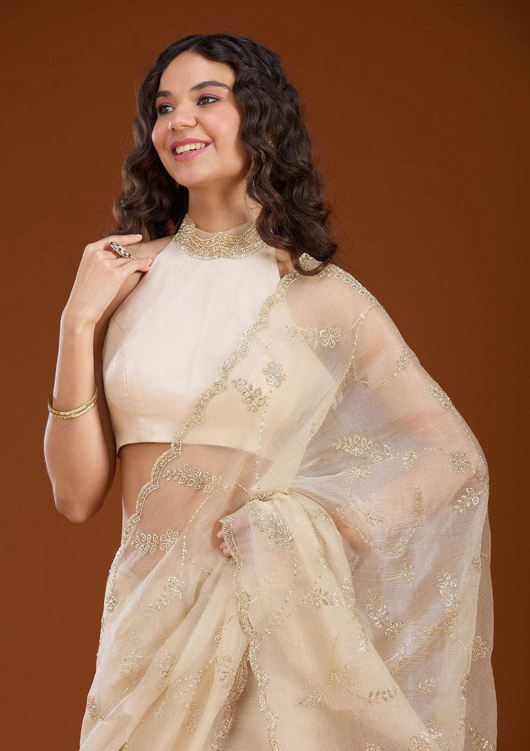 Beige Stonework (Gold) Chiffon Saree