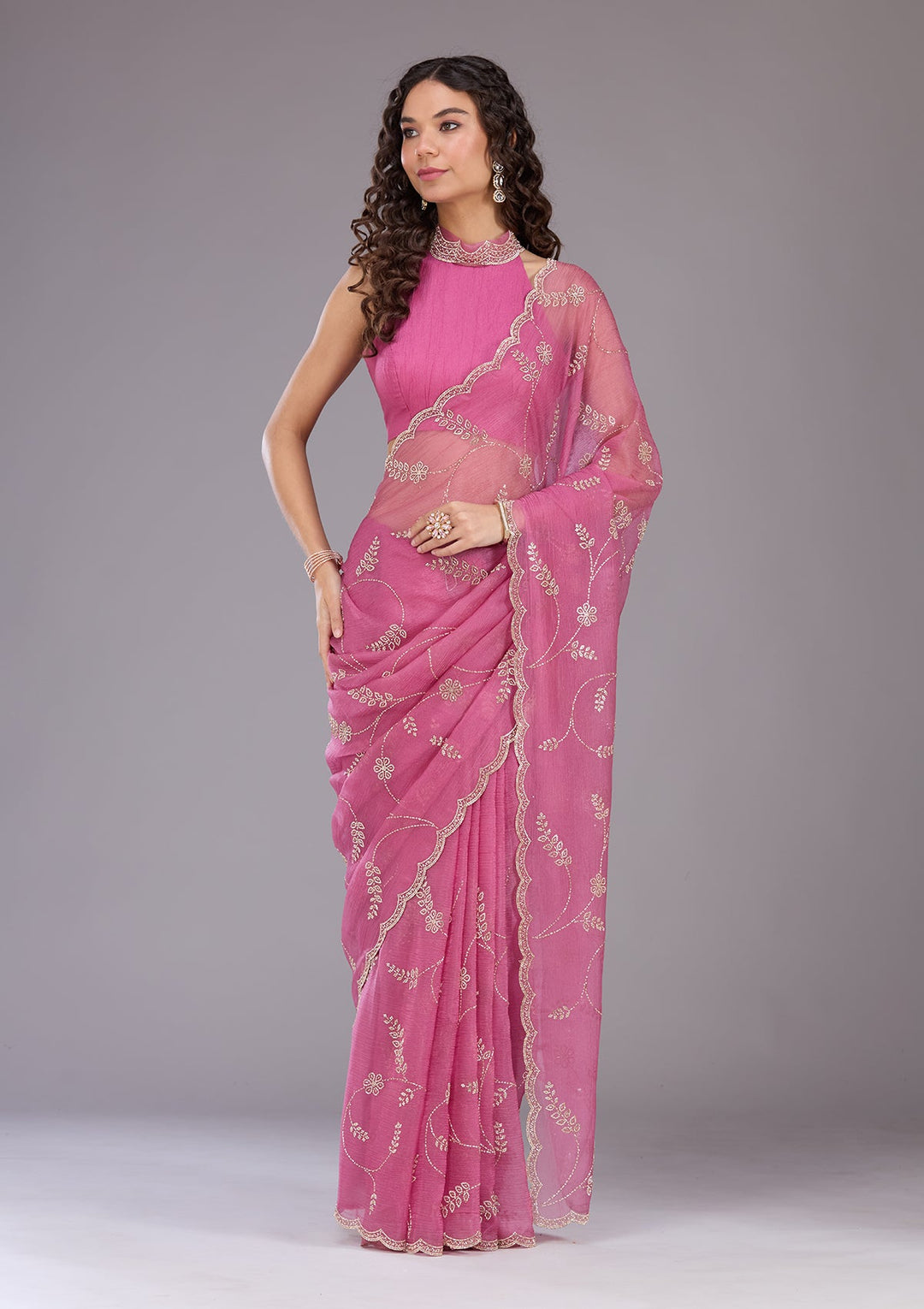 Onion Pink Stonework (Gold) Chiffon Saree