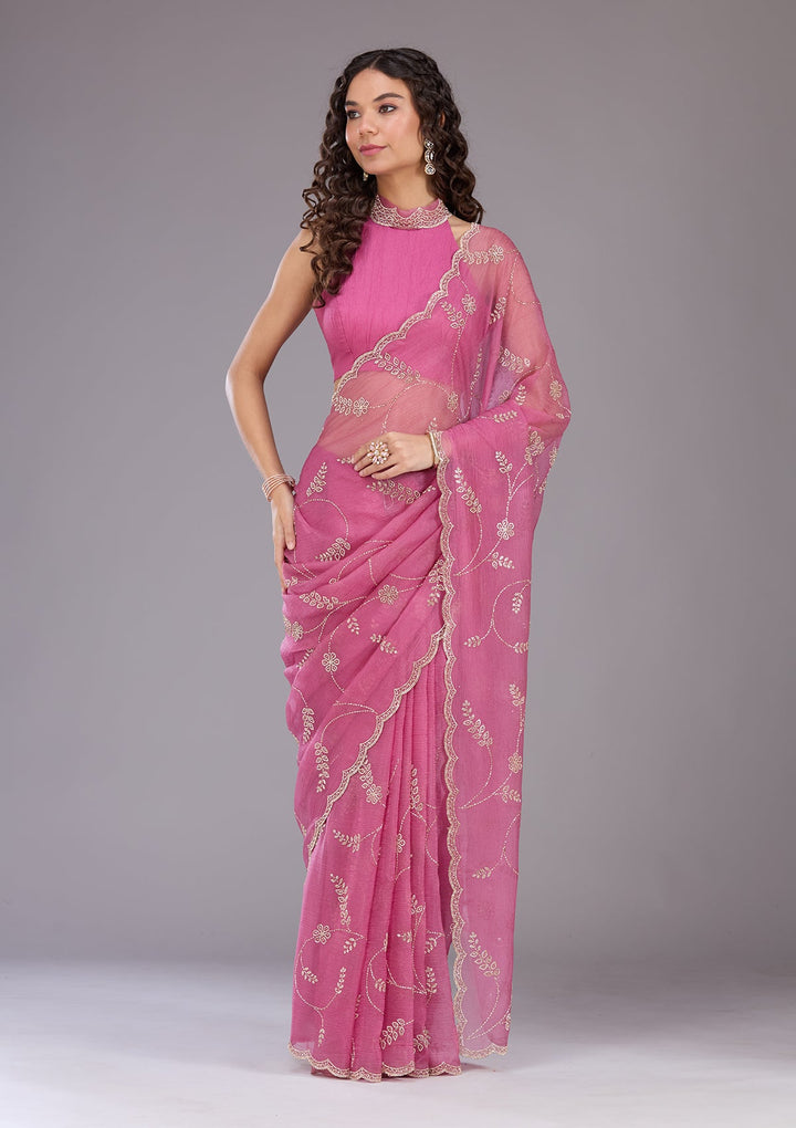 Onion Pink Stonework (Gold) Chiffon Saree