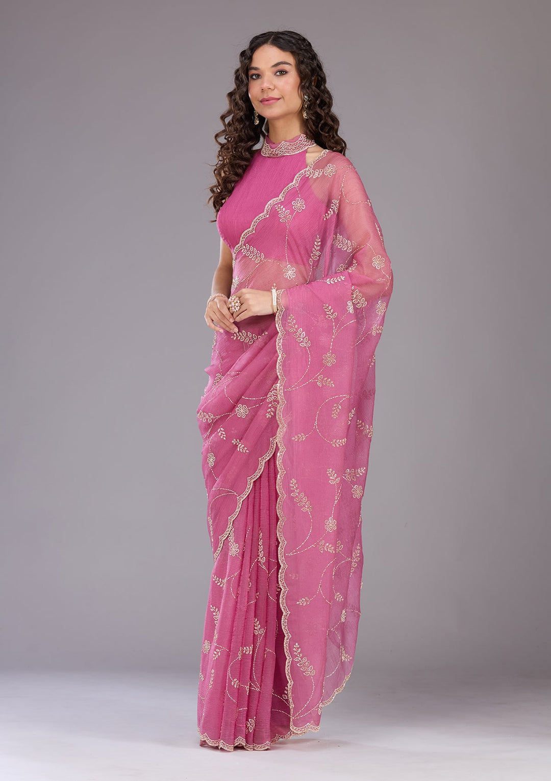Onion Pink Stonework (Gold) Chiffon Saree
