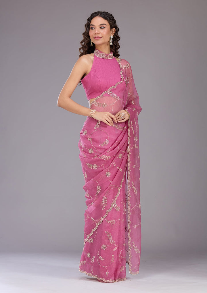 Onion Pink Stonework (Gold) Chiffon Saree