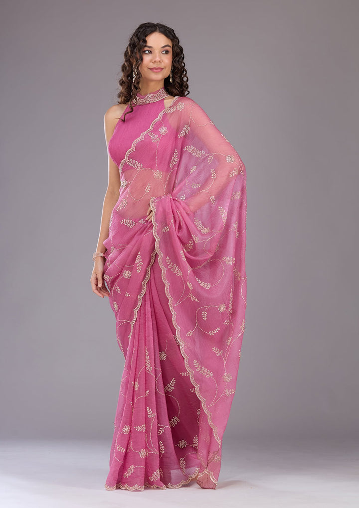 Onion Pink Stonework (Gold) Chiffon Saree