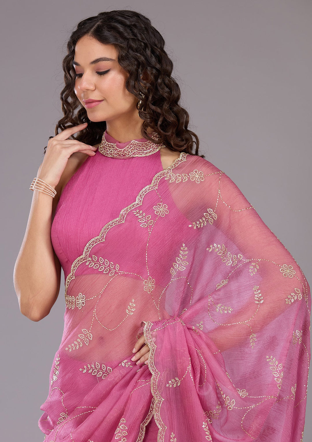 Onion Pink Stonework (Gold) Chiffon Saree