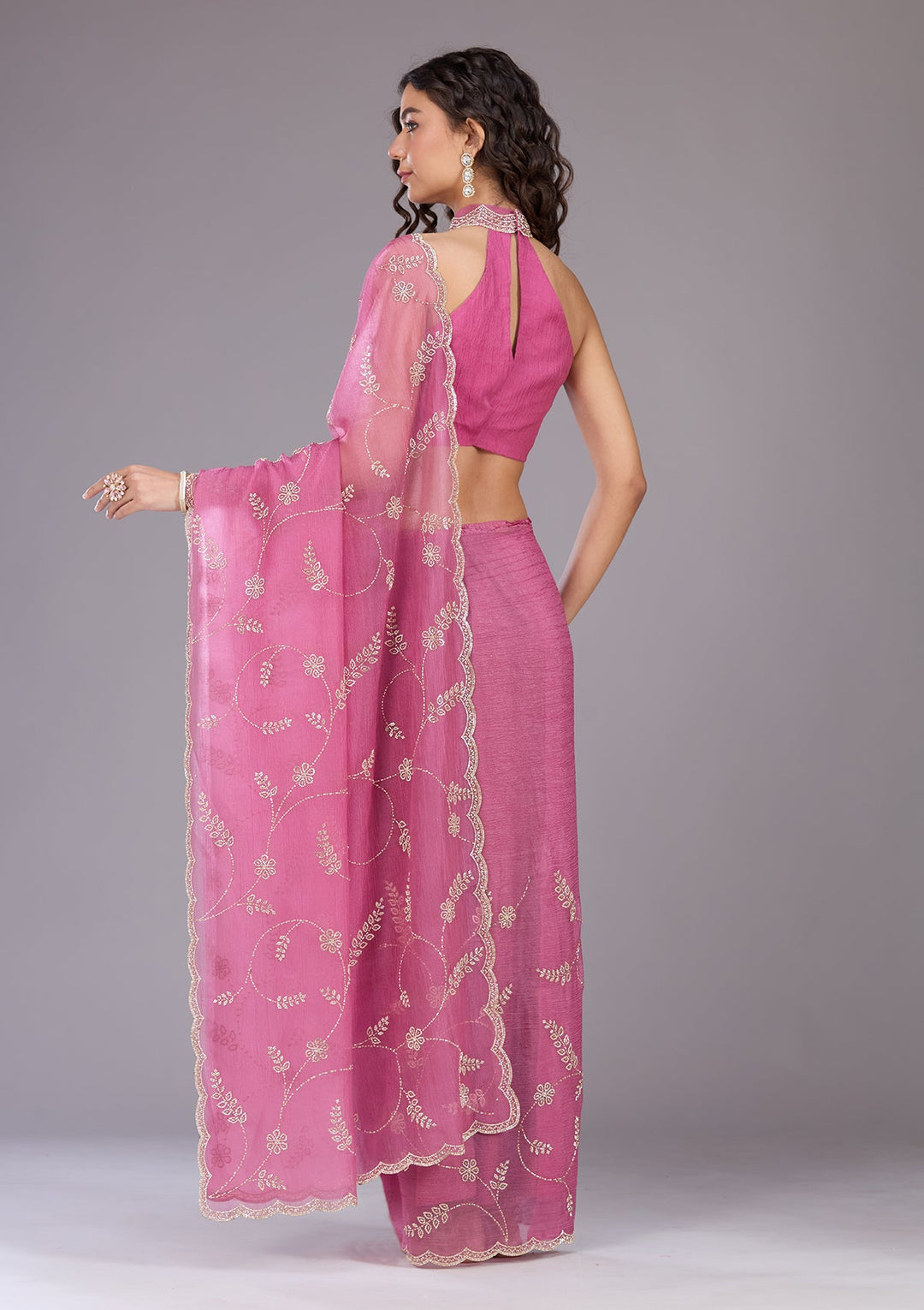 Onion Pink Stonework (Gold) Chiffon Saree