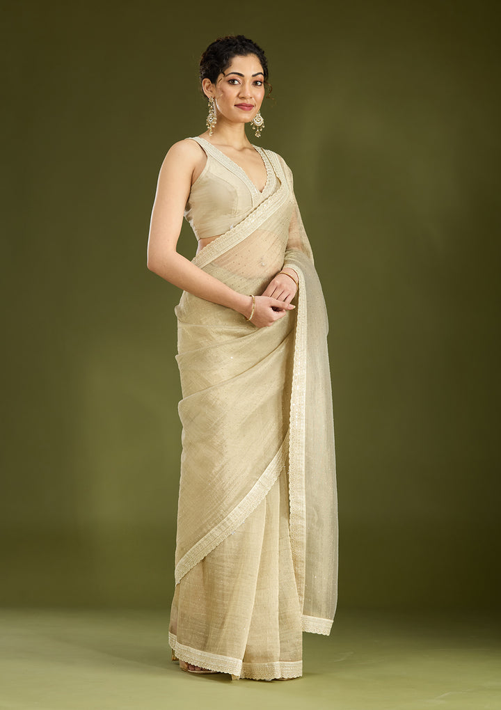 Beige Zariwork (Gold) Tissue Saree