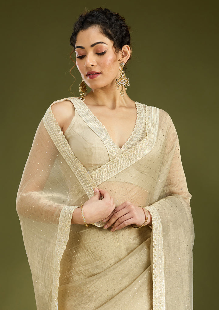 Beige Zariwork (Gold) Tissue Saree