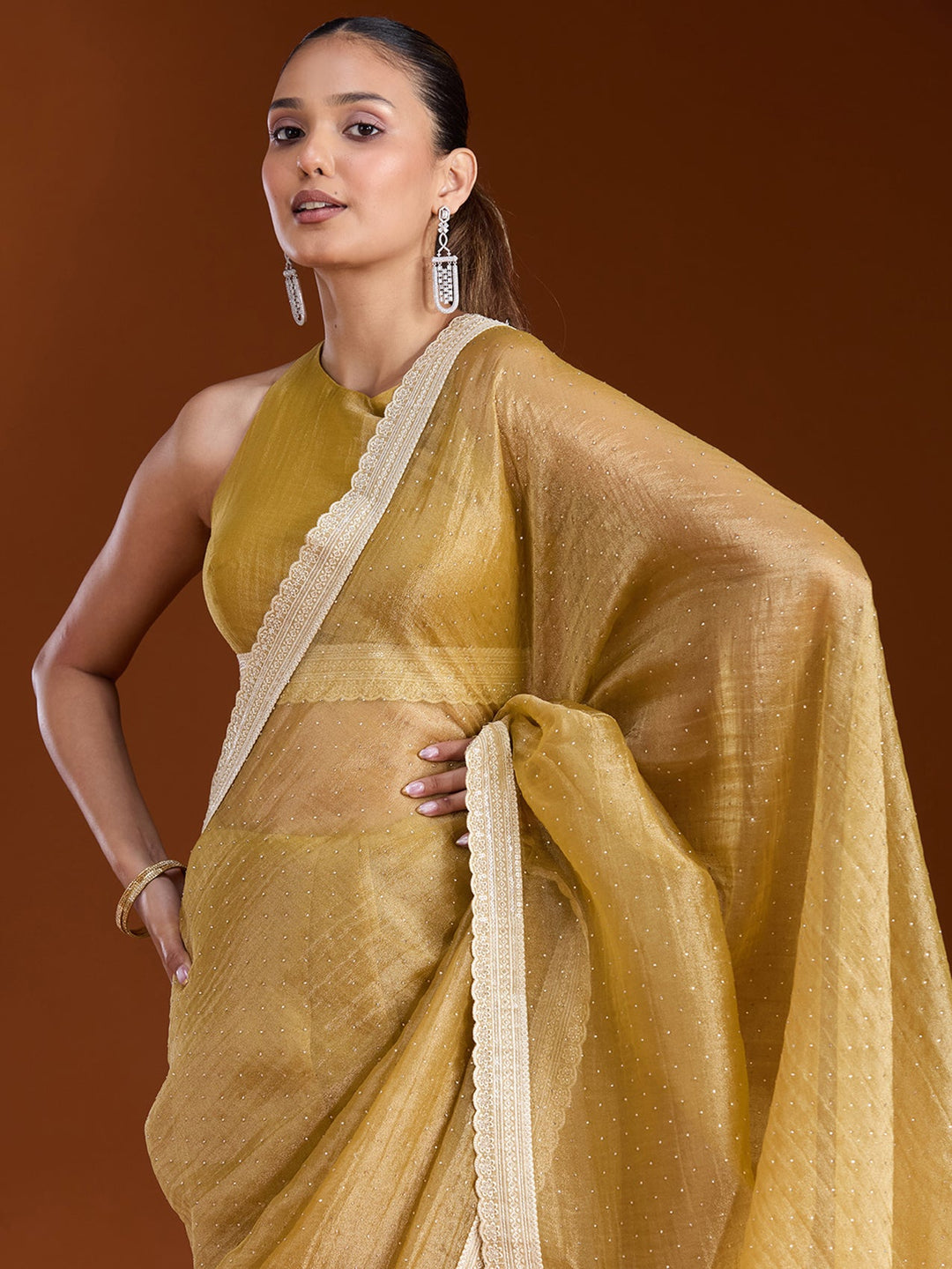 Mustard Zariwork (Gold) Tissue Saree