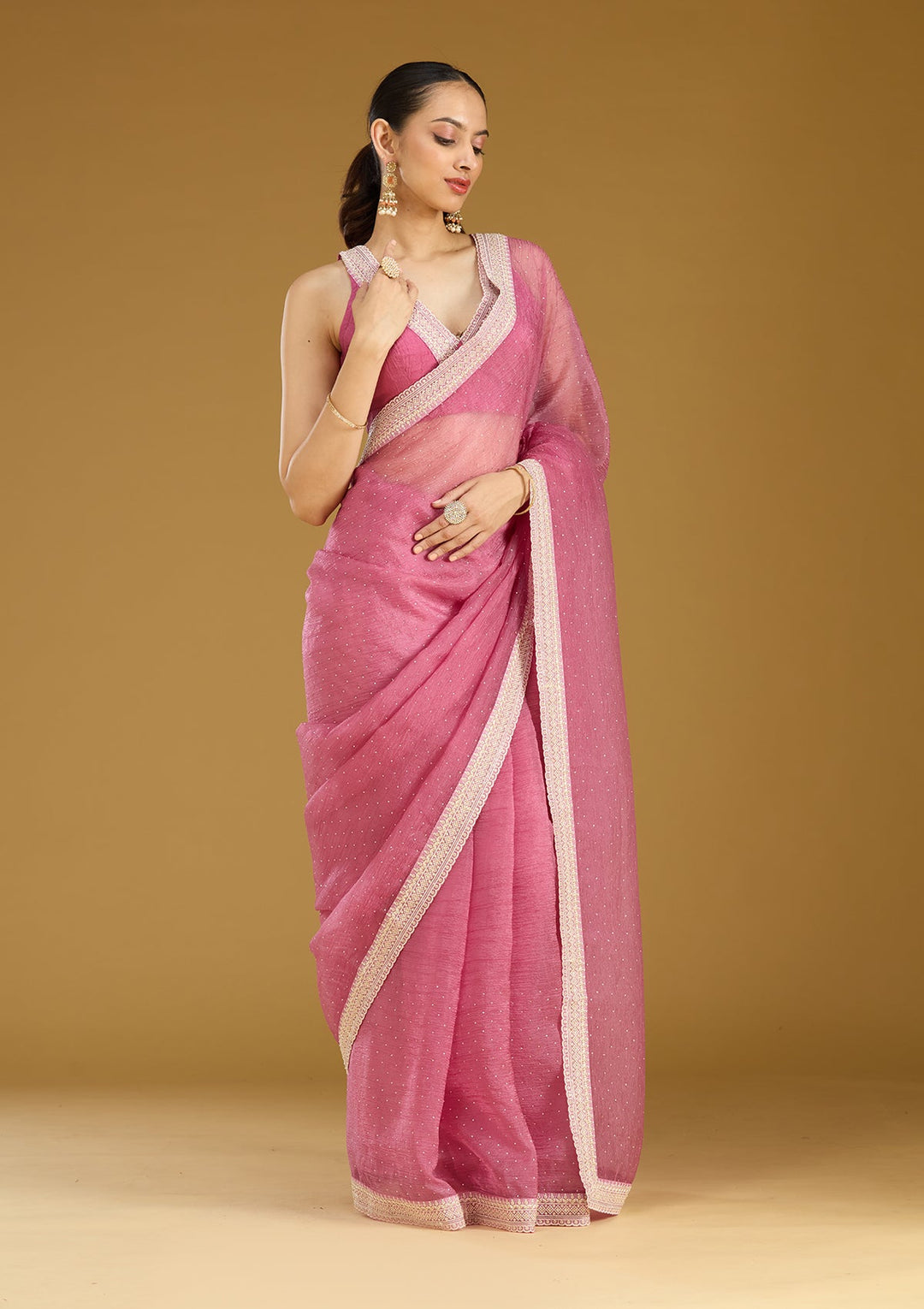 Onion Pink Zariwork (Gold) Tissue Saree