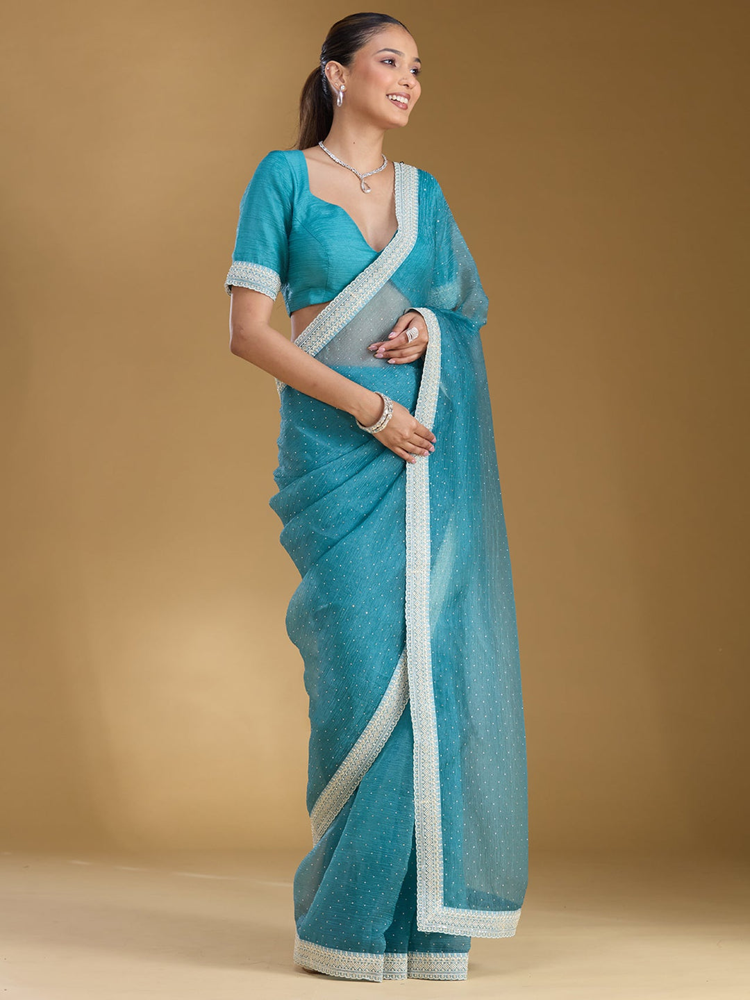 Sky Blue Zariwork (Gold) Tissue Saree
