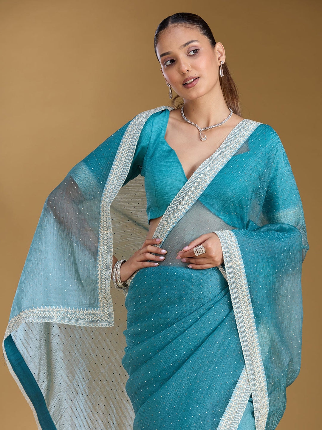 Sky Blue Zariwork (Gold) Tissue Saree