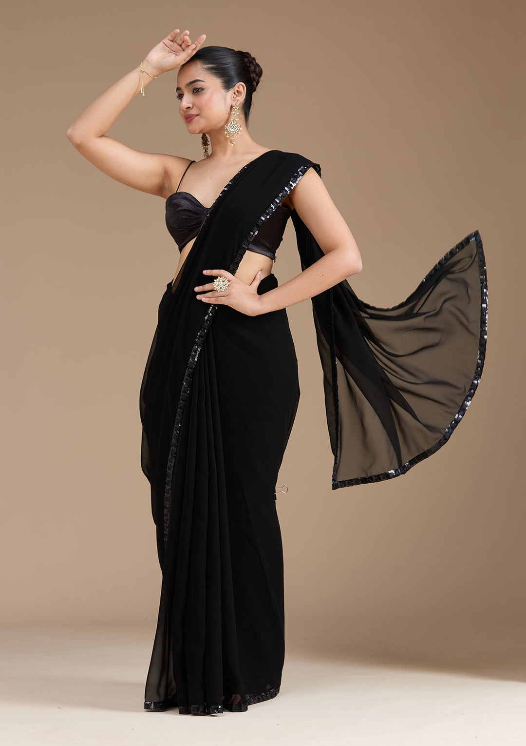 Black Sequins Georgette Saree_koskii