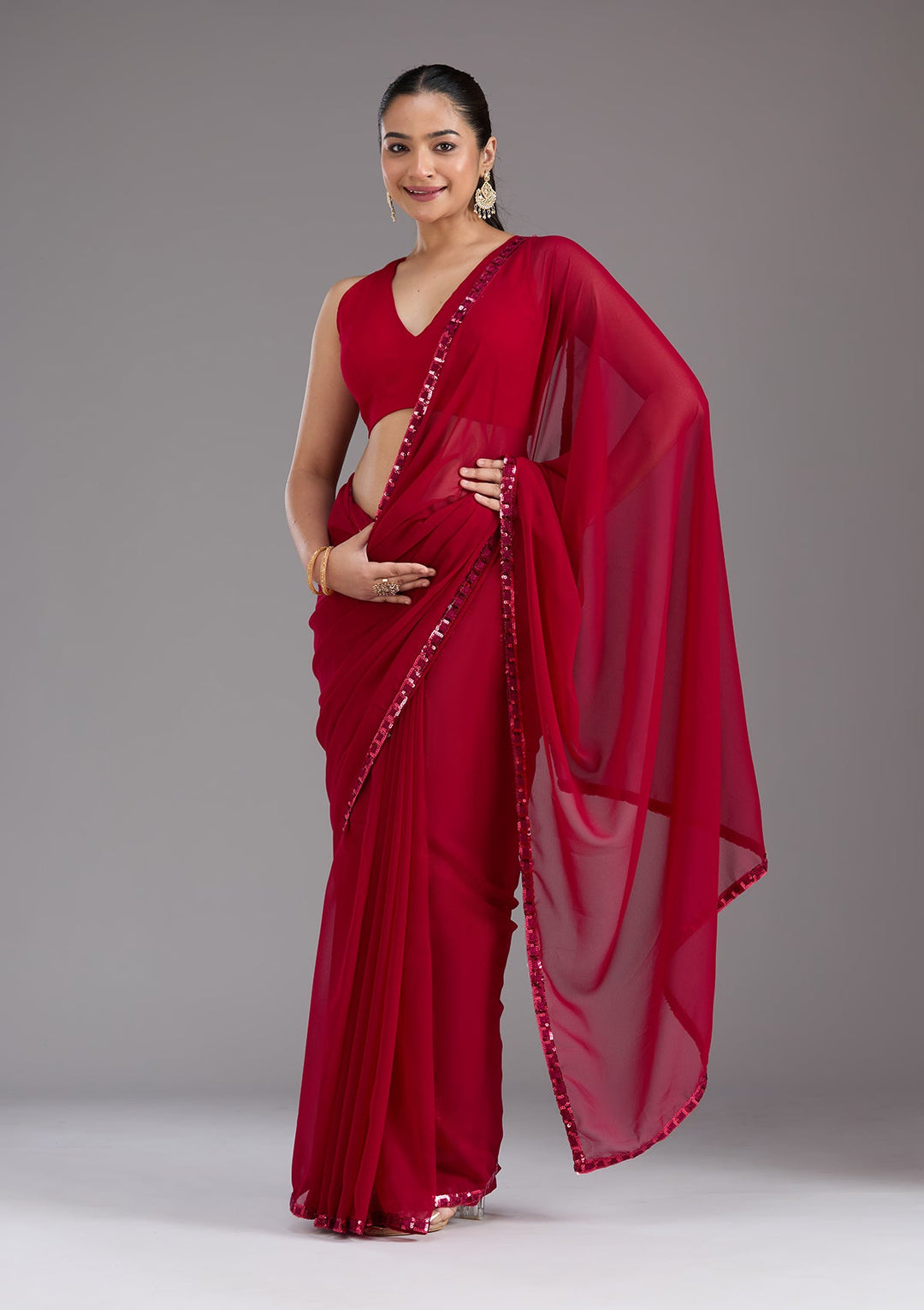 Maroon Sequins Georgette Saree_koskii