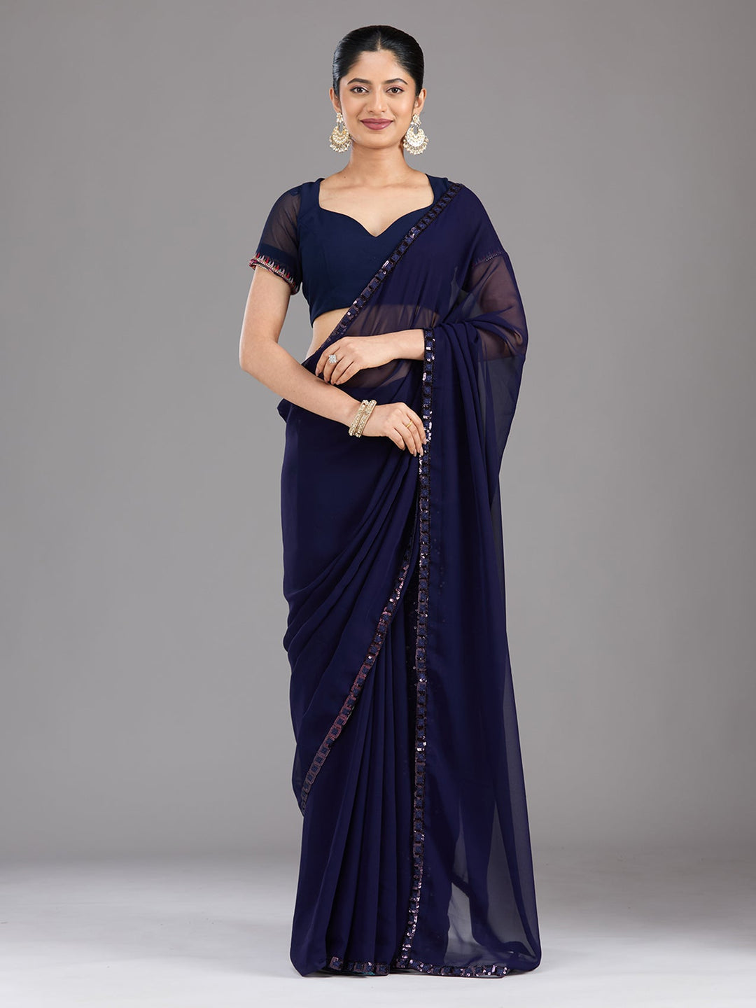 Royal Blue Sequins Georgette Saree-Koskii