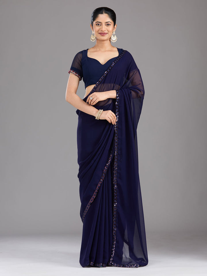 Royal Blue Sequins Georgette Saree-Koskii