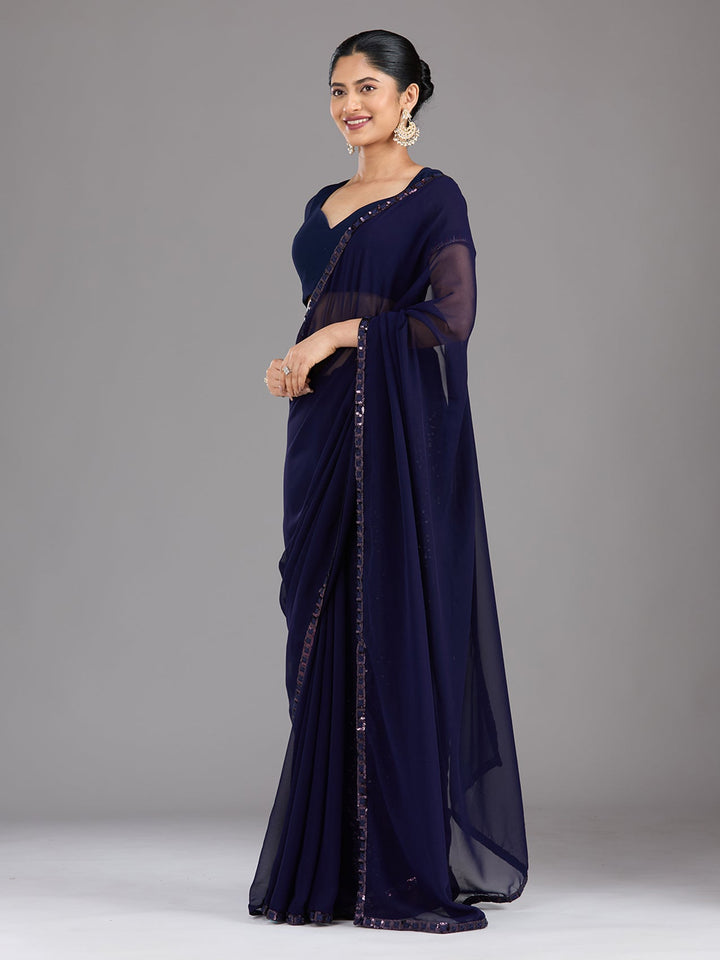 Royal Blue Sequins Georgette Saree-Koskii