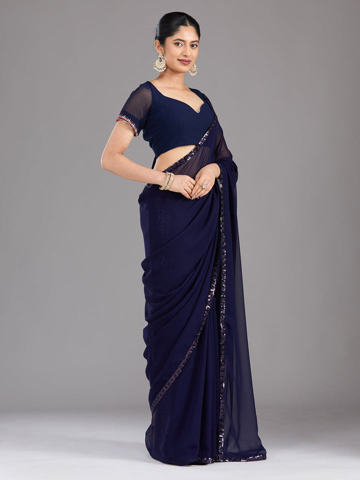 Royal Blue Sequins Georgette Saree-Koskii