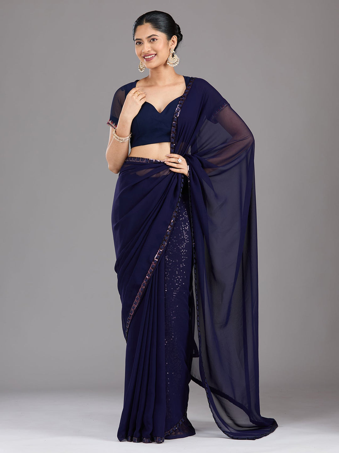 Royal Blue Sequins Georgette Saree-Koskii