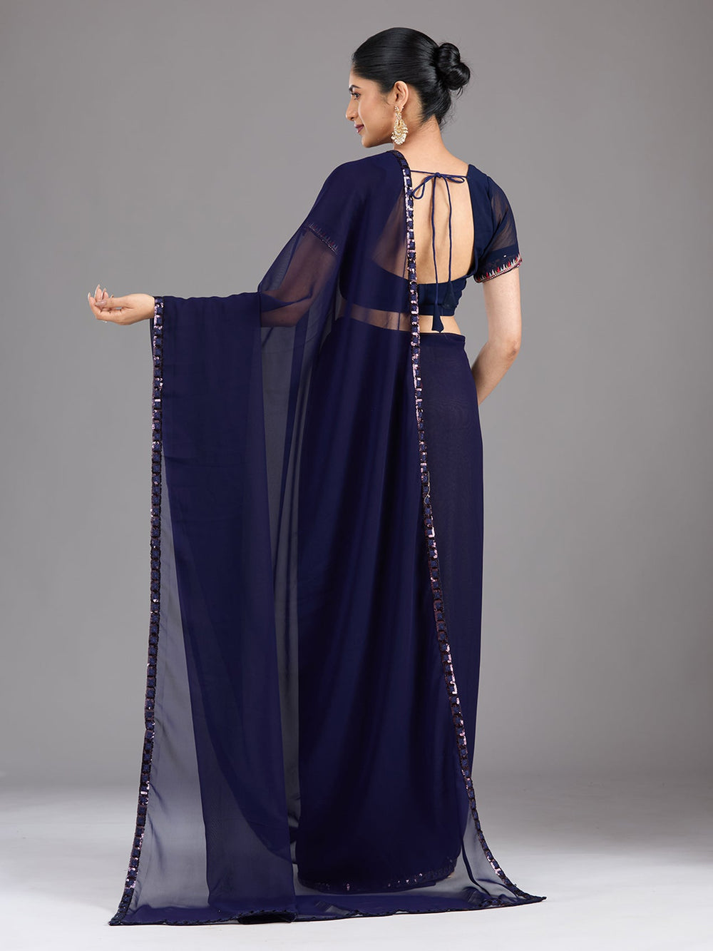 Royal Blue Sequins Georgette Saree-Koskii