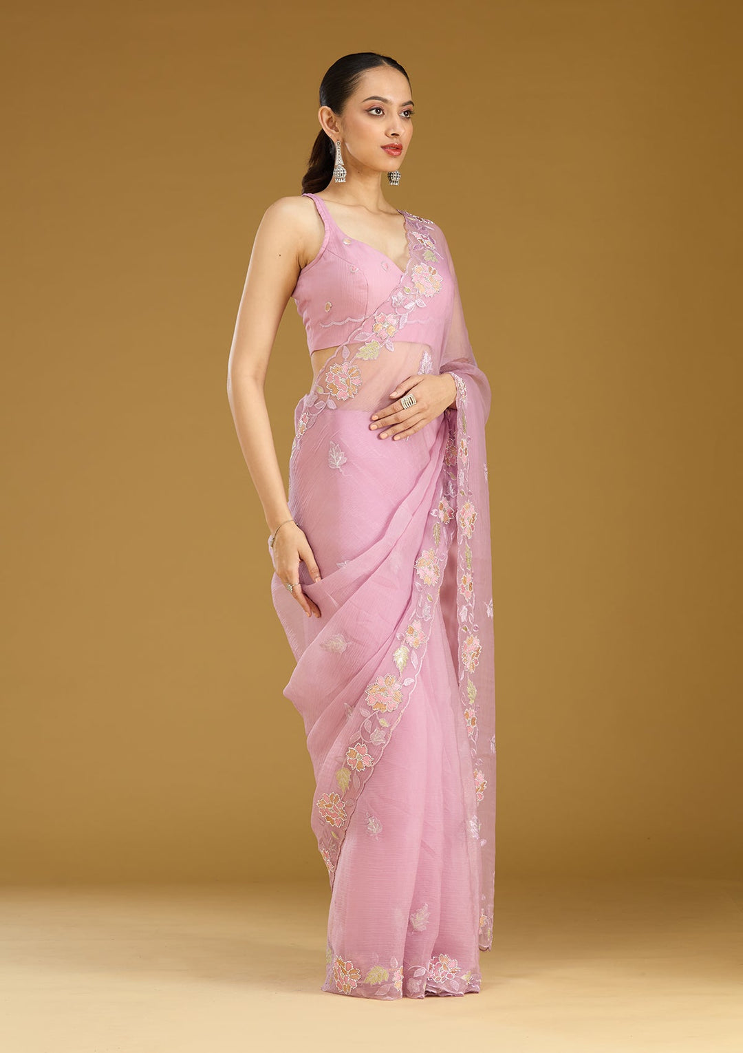 Lavender Threadwork Chiffon Saree