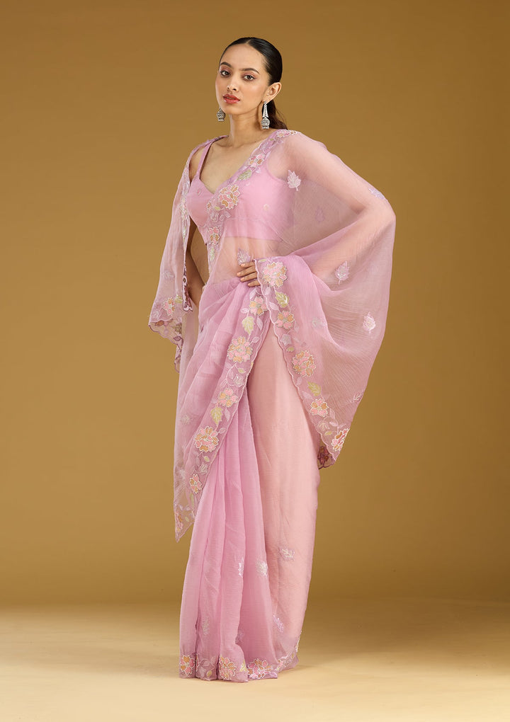 Lavender Threadwork Chiffon Saree