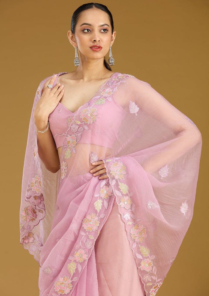 Lavender Threadwork Chiffon Saree