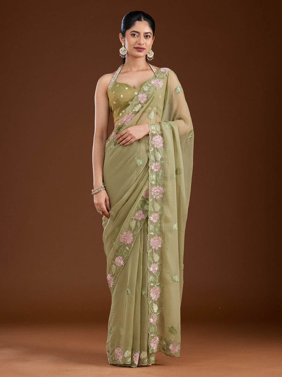 Pista Green Threadwork Chiffon Saree-Koskii