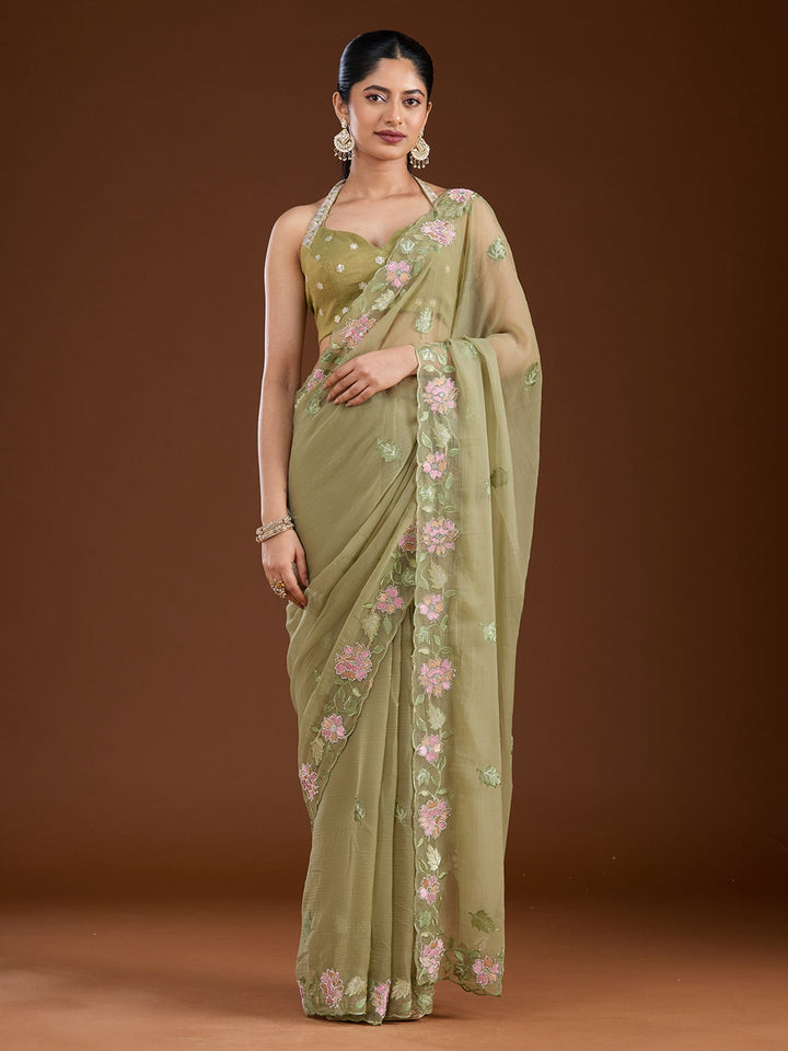 Pista Green Threadwork Chiffon Saree-Koskii