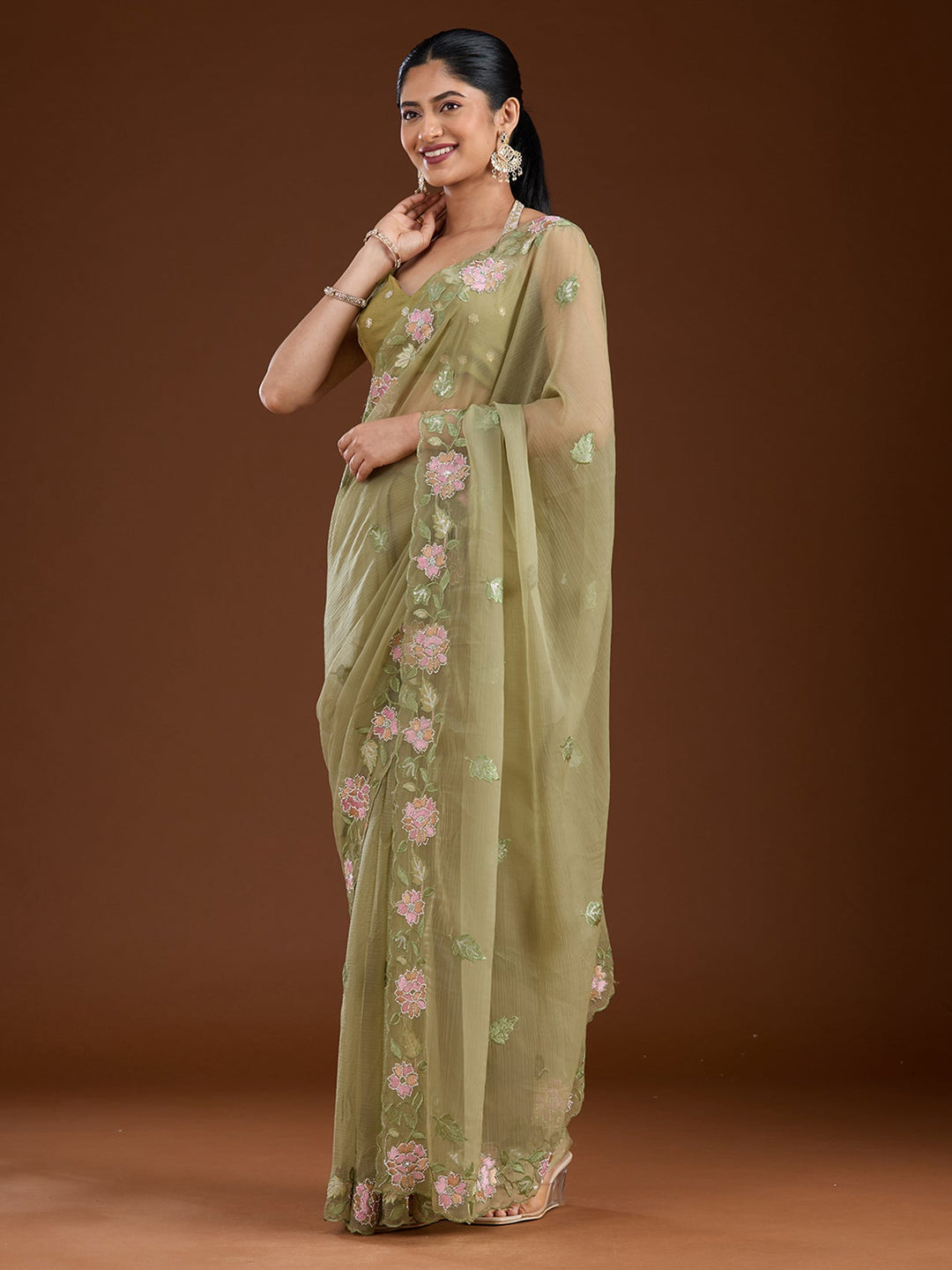 Pista Green Threadwork Chiffon Saree-Koskii