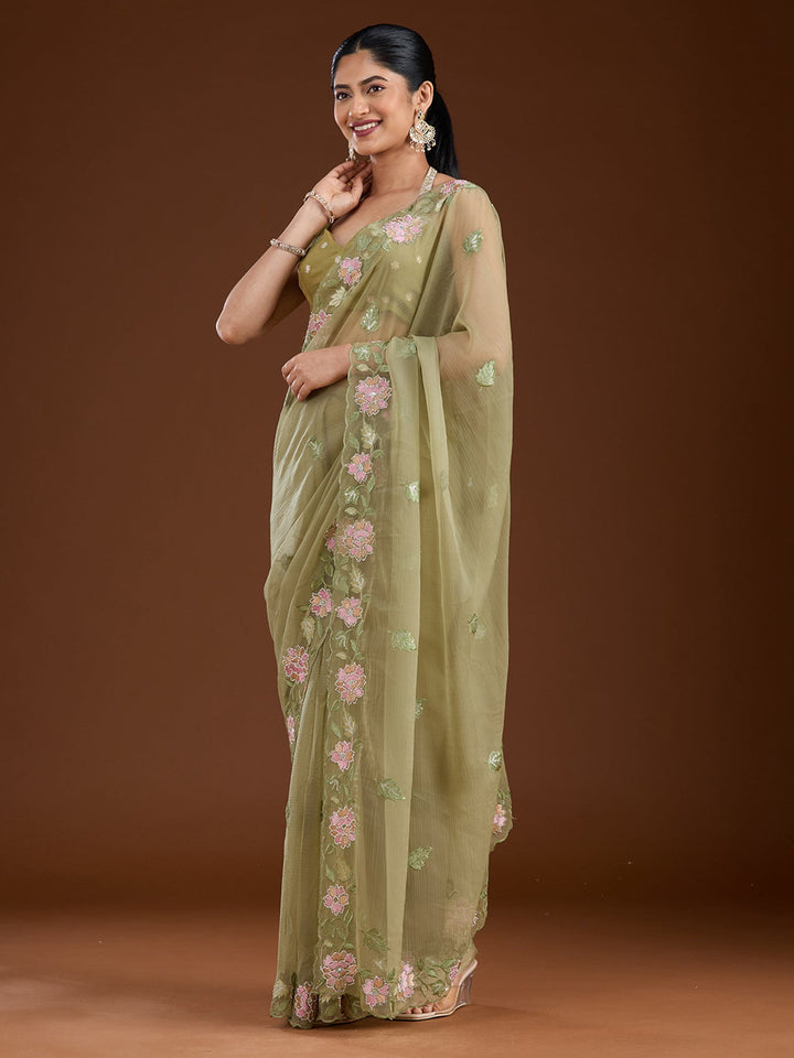 Pista Green Threadwork Chiffon Saree-Koskii