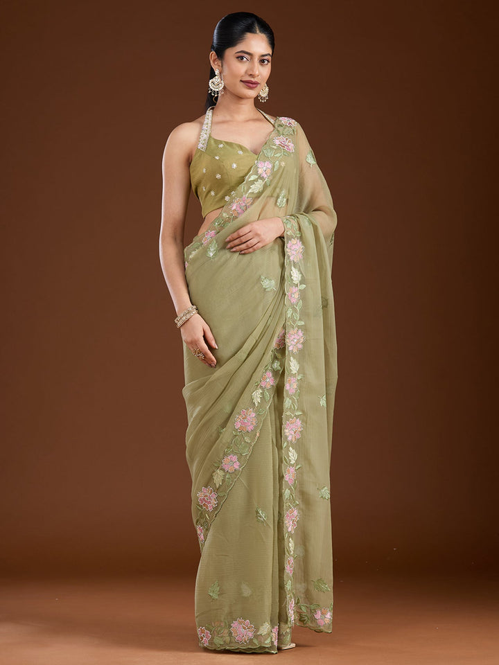 Pista Green Threadwork Chiffon Saree-Koskii