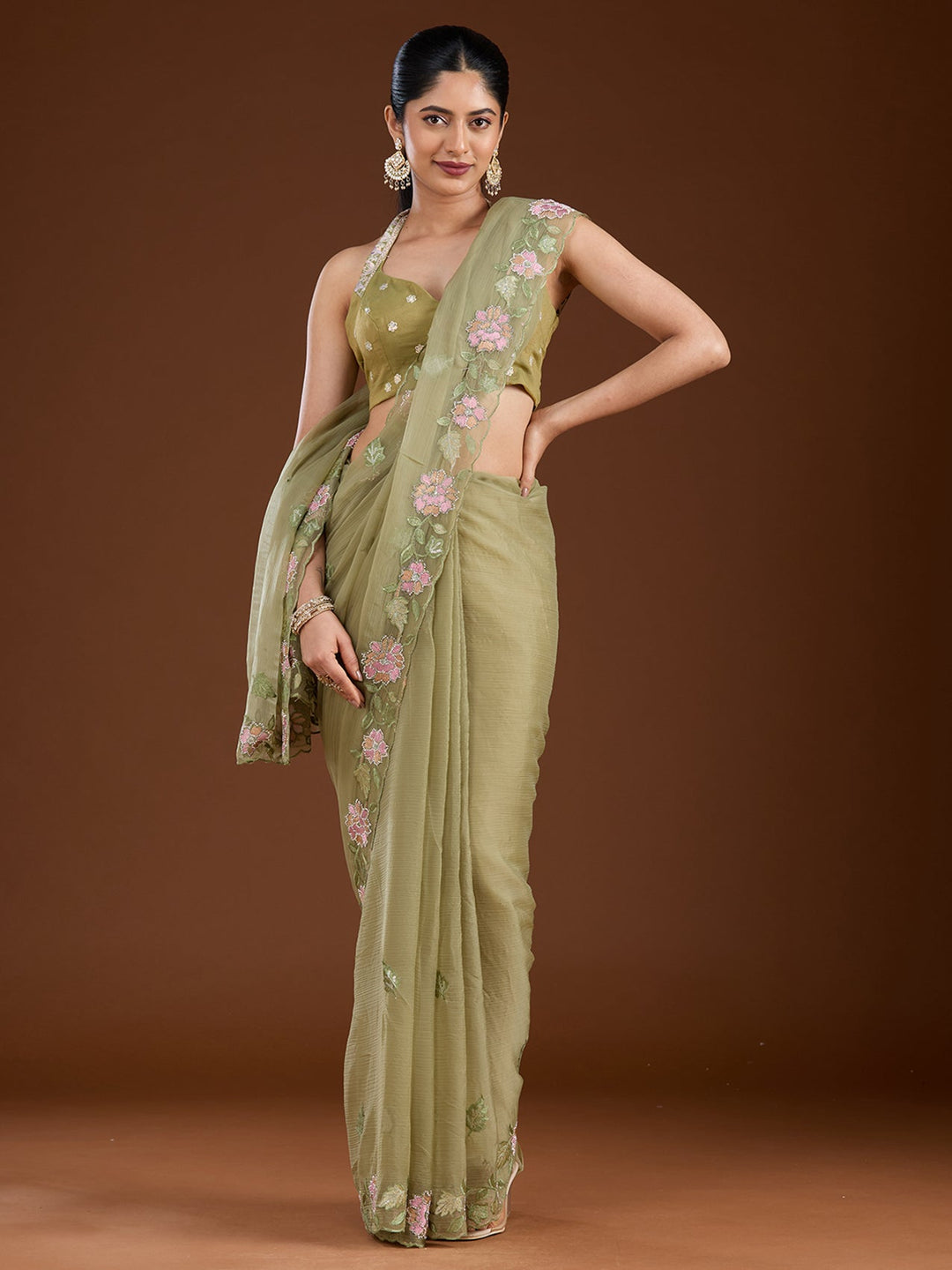 Pista Green Threadwork Chiffon Saree-Koskii