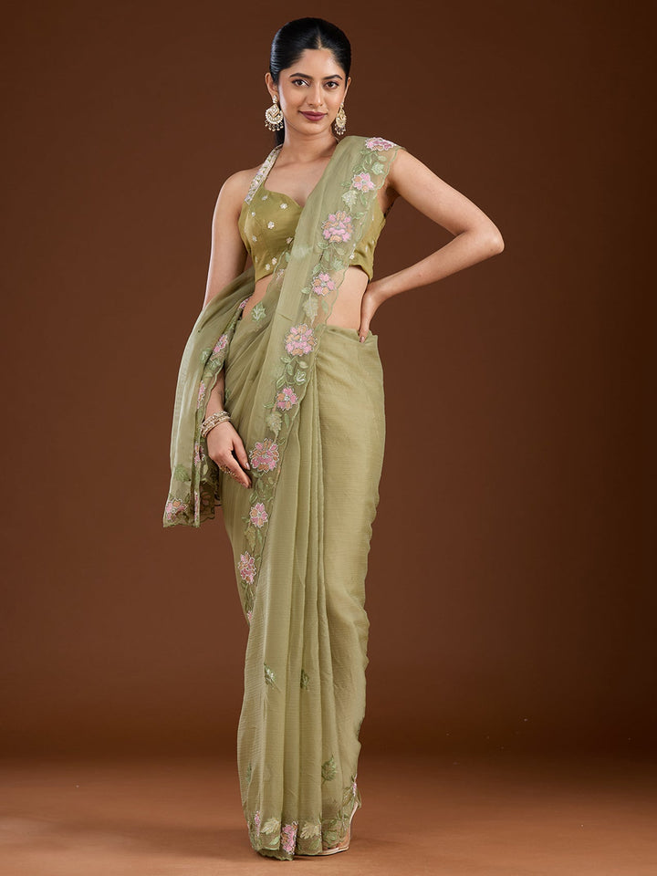 Pista Green Threadwork Chiffon Saree-Koskii