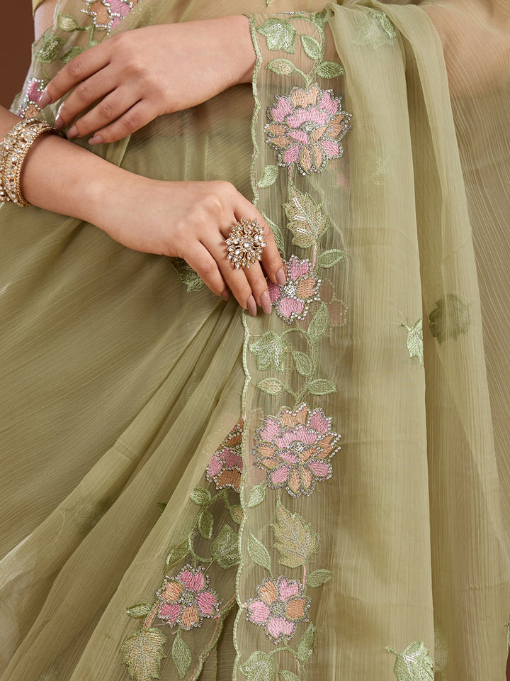 Pista Green Threadwork Chiffon Saree-Koskii