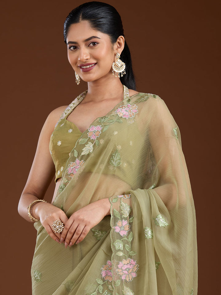 Pista Green Threadwork Chiffon Saree-Koskii